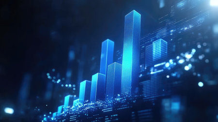 A stunning abstract representation of a financial growth chart featuring sleek blue bars. This digital visualization emphasizes trends and analytics in technology and business.の素材