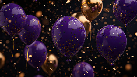 Colorful balloons in purple and gold float against a dark background, creating a festive atmosphere perfect for celebrations, parties, and special events.の素材