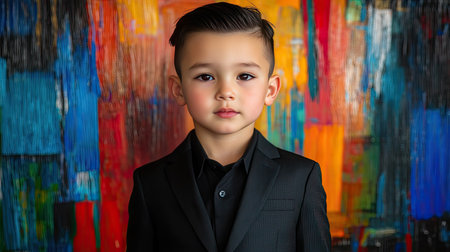 A charming young boy dressed in a stylish suit poses against a vibrant, colorful backdrop, showcasing elegance and personality with a serious expression.の素材