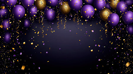 Vibrant background featuring purple and gold balloons with confetti. Perfect for any festive celebration, this lively design adds a joyful touch to parties.の素材