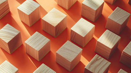 A captivating arrangement of wooden cubes on an orange surface, highlighting the interplay of light and shadow. Ideal for design and craft themes.の素材