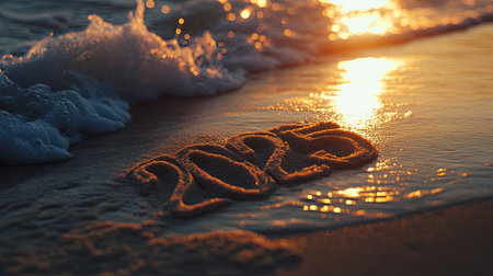 A serene beach scene at sunset displays the year 2025 written in sand, with gentle waves rolling in. A perfect capture for future aspirations.の素材