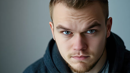 A striking close-up portrait of a young man with intense blue eyes. His serious expression and direct gaze convey depth and emotion, perfect for various editorial uses.の素材
