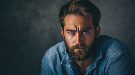 A striking close-up portrait of a man with a beard, showcasing a serious expression. The denim shirt adds a trendy touch against a rustic backdrop.の素材
