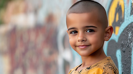 This vibrant portrait features a smiling boy with a stylish haircut standing in front of a colorful graffiti wall, exuding joy and playfulness.の素材
