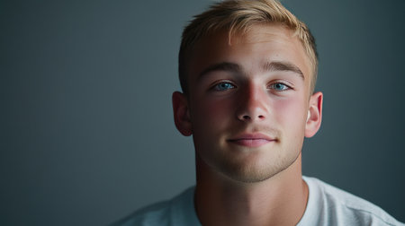 A captivating portrait of a young man with striking blue eyes and a casual style. The image captures a warm and engaging expression, perfect for various themes.の素材