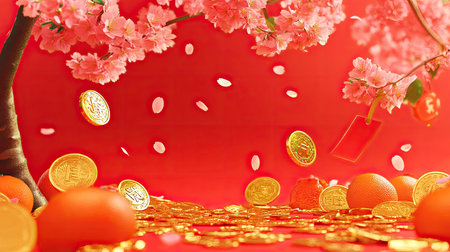 Celebrate the vibrancy of spring with this festive scene featuring gold coins, cherry blossoms, and oranges, symbolizing prosperity and joy.の素材