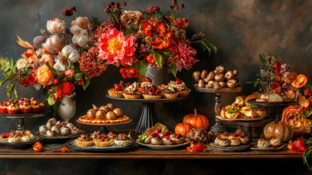 A stunning autumn dessert table adorned with an array of sweets and vibrant floral arrangements, perfect for seasonal celebrations and gatherings.の素材