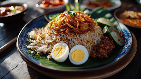 A vibrant plate featuring flavorful rice, crispy fried onions, and sliced egg, showcasing an enticing Asian culinary experience. Perfect for food lovers.の素材