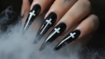 A haunting nail design featuring white crosses on black nails, paired with a smoky effect in the background.の素材