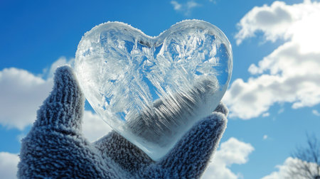 A frozen heart-shaped ice sculpture held gently in a mittened hand against a clear winter sky with fluffy clouds, evoking love and serenity.の素材