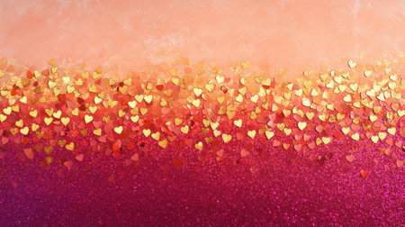 A festive Valentine's backdrop featuring glittering heart shapes in bold colors scattered across a radiant pink-to-red gradient.の素材