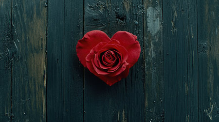 A close-up of a red rose placed at the center of a heart-shaped ribbon on a rustic black wooden background.の素材