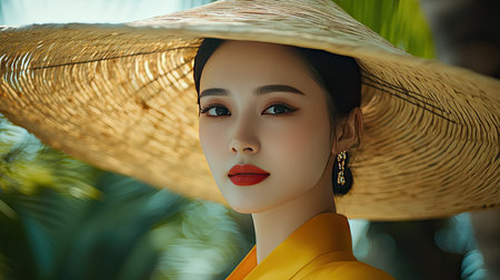 Beautiful Asian woman in a large straw hat, highlighting sun protection and skincare, with tropical summer scenery in the background.の素材