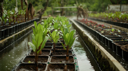 Rows of nursery plants under irrigation, with misty water from sprinklers enhancing the fresh greenery.の素材