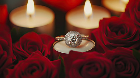 Close-up of a diamond ring, surrounded by red candles, roses bouquet, and a heart balloon, ideal for wedding or engagement themes, with copy space.の素材
