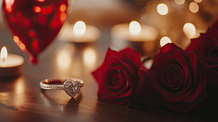 Engagement ring and romantic decor red candles, roses bouquet, and heart-shaped balloon, close-up for Valentine's Day or wedding themes, with copy space.の素材