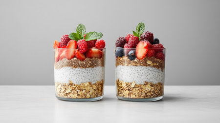 Side view of two jars filled with layers of chia pudding, muesli, and fresh berries, placed on a neutral gray background with mint garnish for colorの素材
