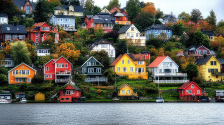 Traditional Norwegian houses in bright reds, yellows, and blues along the water in Trondheim, capturing the essence of Scandinavian coastal architectureの素材