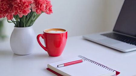 Bright and airy workspace setup with a vase of flowers, notebook, pen, and a red coffee cup next to a sleek laptop, with room for branding.の素材