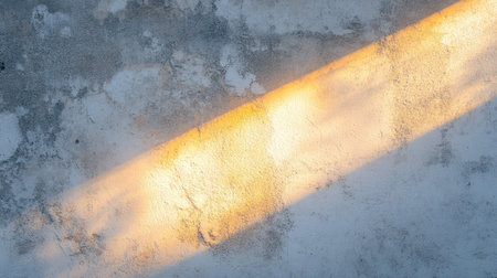 Rays of sunlight piercing through a light channel, creating soft patterns on a minimalist white cement wall background.の素材