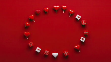 Romantic Valentine's Day frame with heart-shaped air balloons and small gift boxes, beautifully arranged on a cheerful red background.の素材