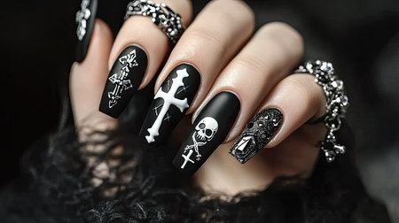 Black nails with white crosses and skeleton designs, paired with edgy Halloween rings and dark jewelry.の素材