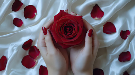 Romantic red rose held by hands with a Valentine's Day manicure, surrounded by petals on luxurious white silk.の素材