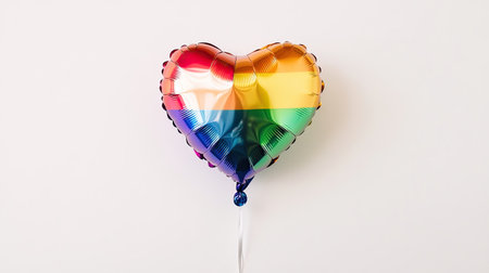 A radiant helium-filled glossy heart balloon in LGBTQ rainbow colors, isolated on white, perfect for love and pride themes.の素材