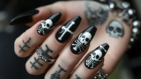 Black nails with white crosses and skeleton designs, paired with edgy Halloween rings and dark jewelry.の素材