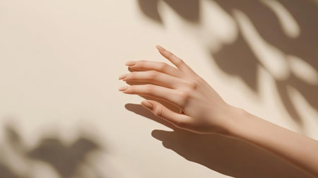 A close-up of delicate hands with glossy nails in neutral tones, gently placed on a soft, light surface with subtle shadows.の素材