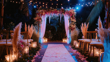 Romantic wedding arch in a garden, outlined in neon pink and blue lights, under a starry sky, capturing the magic of a night weddingの素材