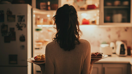 Dilemma concept back view of a woman holding plates with fruits and sweets, standing in front of a bright refrigerator in the kitchen.の素材