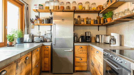 Interior of a trendy kitchen with a compact silver fridge, concrete countertops, and minimalist shelving, industrial yet cozy atmosphere.の素材