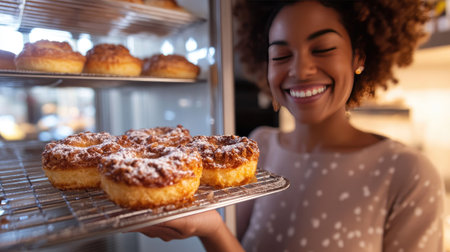 Closeup of a pastry in a woman's hand as she retrieves it from the fridge, her joyful smile in soft focus behind.の素材