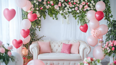 Festive living room decorated with Valentine's Day balloons, a plush sofa, and elegant floral accents for a stylish ambiance.の素材