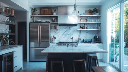 Light-filled kitchen with a trendy silver fridge, marble countertops, and industrial-style shelving, a blend of elegance and functionality.の素材