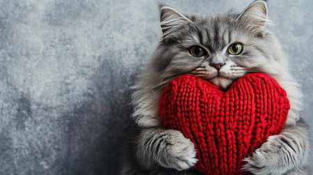 Fluffy gray cat hugging a red knitted heart, Valentine's Day-themed festive background with copy space for greetings or messages.の素材
