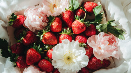 Luxurious presentation of a box containing glossy strawberries and romantic flowers, shot on a smooth light background.の素材
