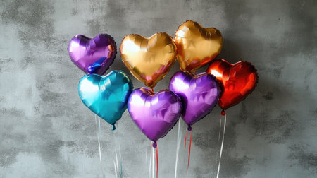 Metallic heart-shaped foil balloons in bold colors creating a festive atmosphere, arranged against a raw concrete wall texture.の素材
