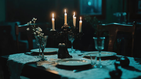 Intimate dinner table in a fine dining restaurant, with elegant plates, candlelight, and soft, romantic decor for two.の素材