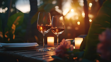 Romantic dinner setup in a cozy restaurant, featuring wine glasses, a candlelit ambiance, and soft floral decorations on the table.の素材