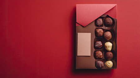 Sweet spring setup chocolate candies and a greeting card arranged in a flat lay, with a striking red background and minimalist style.の素材