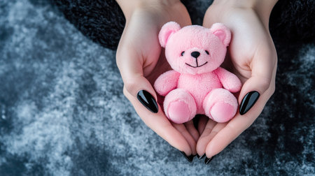 Women's hands with heart-themed black nails, holding a cute pink teddy bear as a romantic gesture.の素材