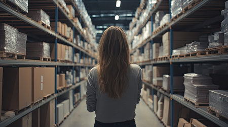 A calm and composed woman in a warehouse, addressing logistical concerns with a pragmatic and practical approach.の素材