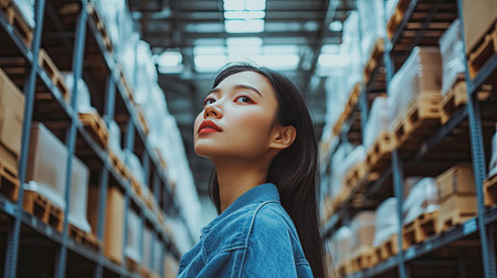 A calm and composed Asian woman in a warehouse, addressing logistical concerns with a pragmatic and practical approach.の素材
