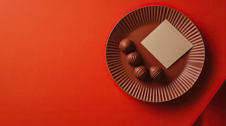 Spring celebration symbols chocolates and a greeting card, displayed on a minimalist table setting with a striking red background.の素材