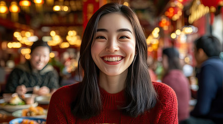 A cheerful Asian woman sharing a laugh while eating a meal in a lively restaurant, with vibrant dishes and friends in the background.の素材