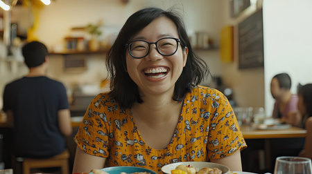 A cheerful Asian woman sharing a laugh while eating a meal in a lively restaurant, with vibrant dishes and friends in the background.の素材