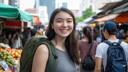 A cheerful woman posing with a vendor at Chatuchak Market, her backpack and casual style showing the joy of exploring Bangkok's famous weekend destination.の素材